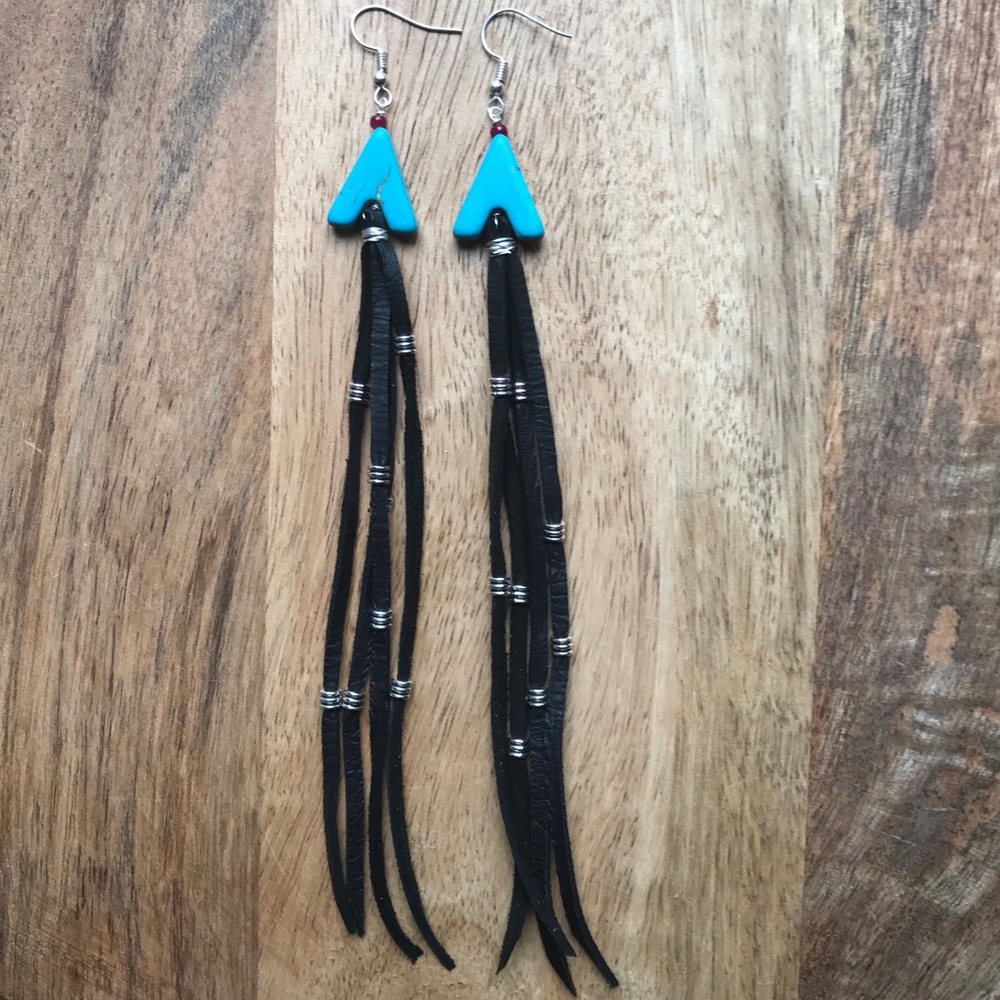 Handmade Long Leather Ruby Boho Festival Earrings